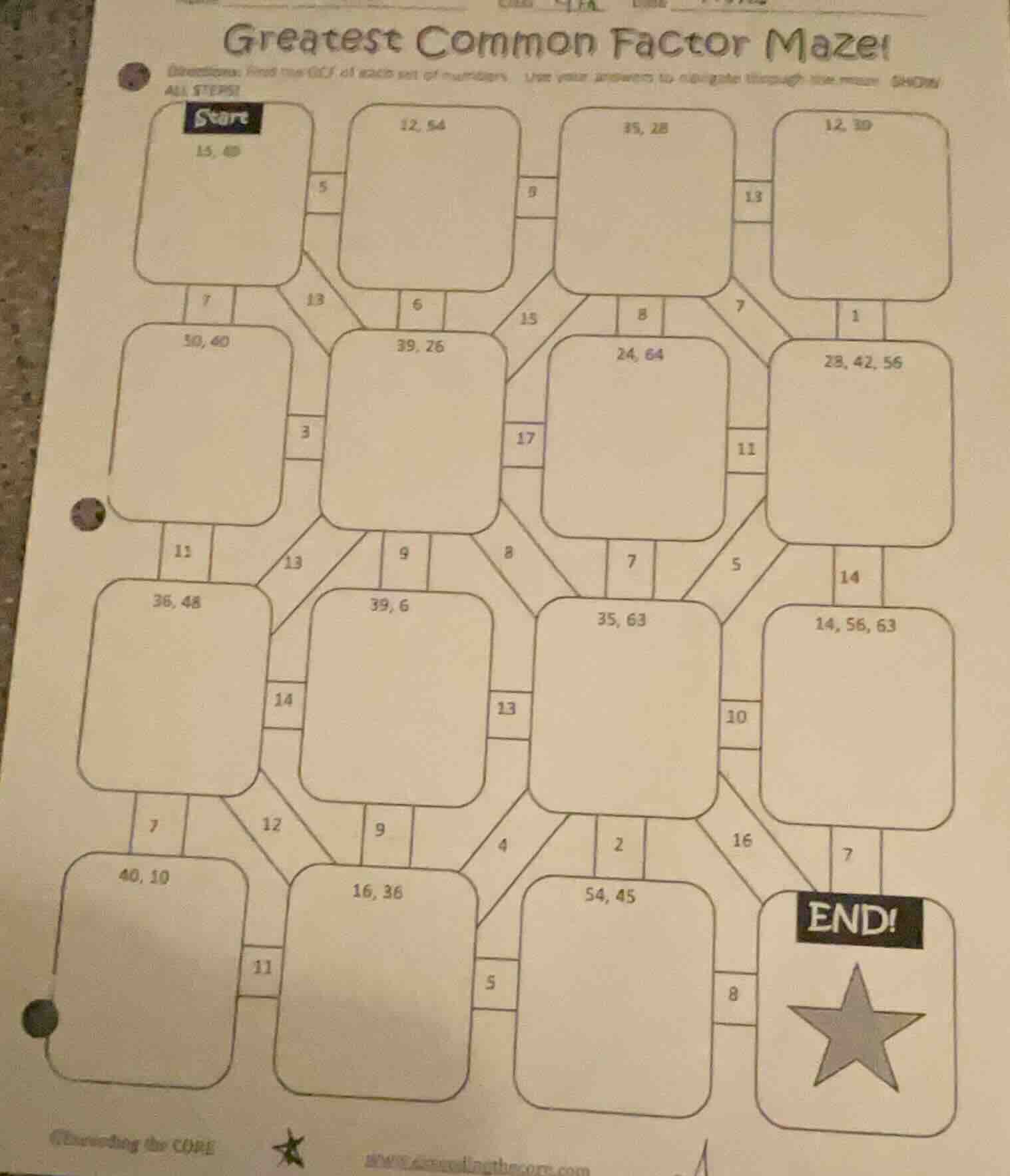 greatest common factor maze! directions: find the gcf of each set of nu…