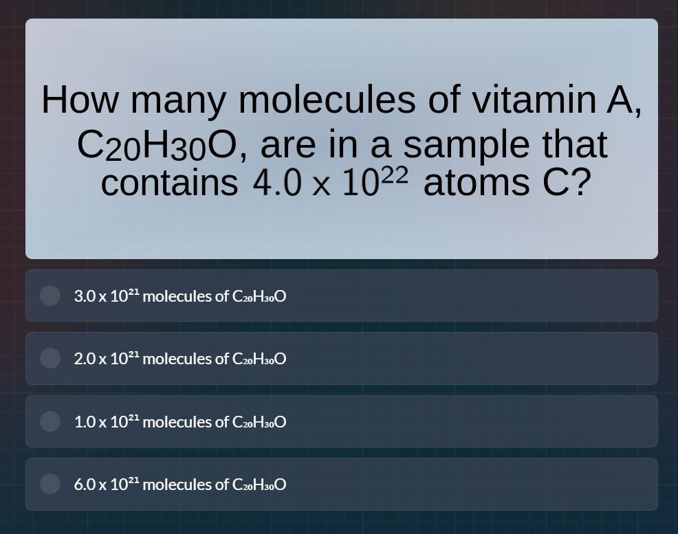 how many molecules of vitamin a, c₂₀h₃₀o, are in a sample that contains…