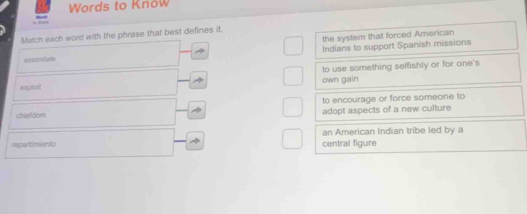 words to know match each word with the phrase that best defines it. ass…