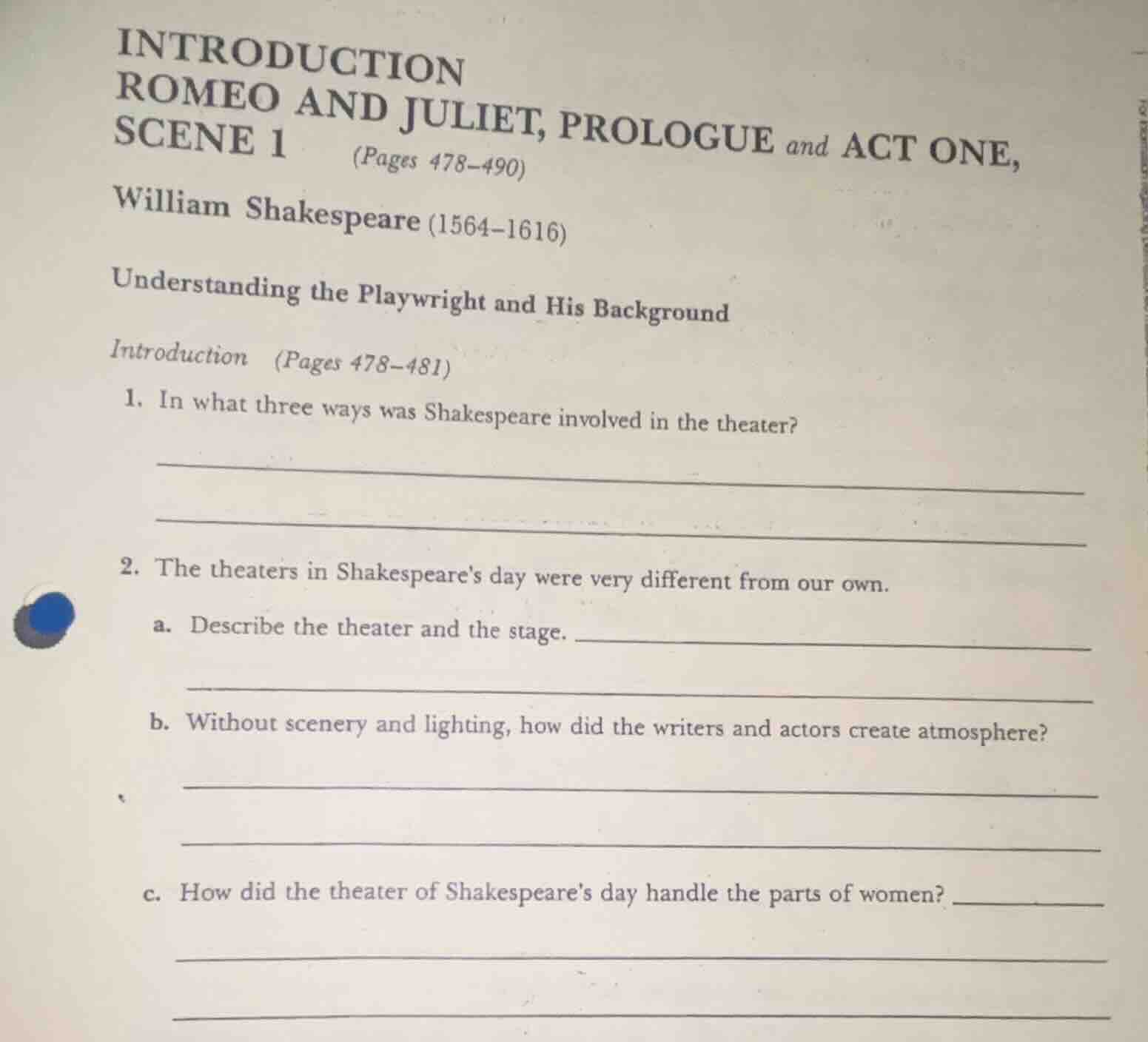 introduction romeo and juliet, prologue and act one, scene 1 (pages 478…