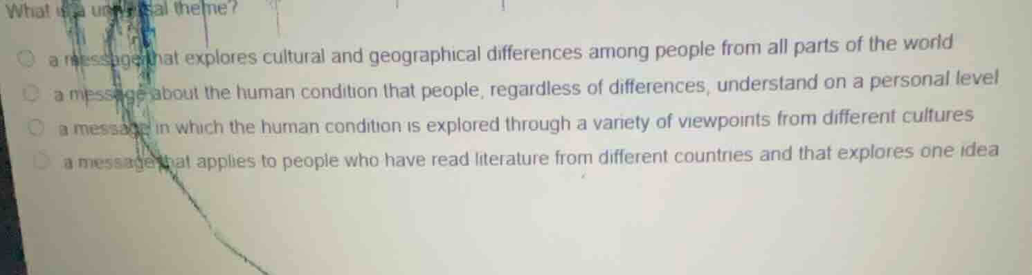 what is a universal theme? ○ a message that explores cultural and geogr…