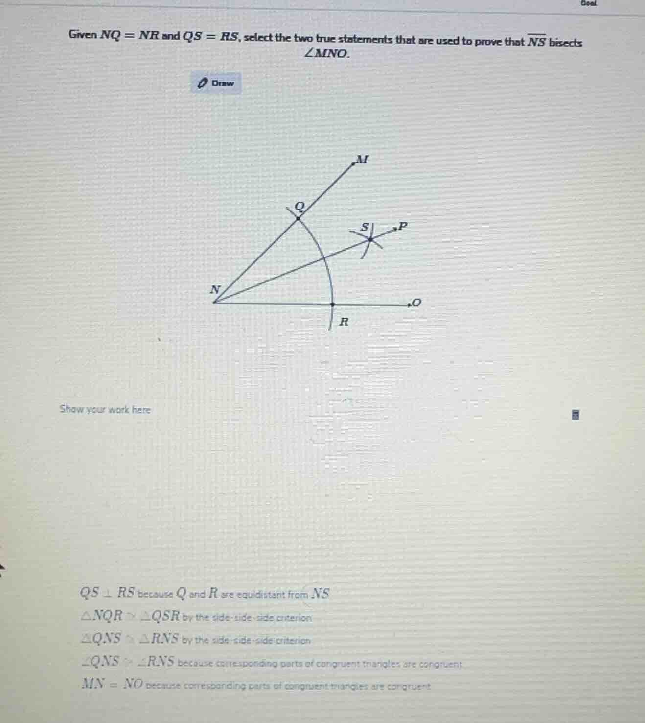 given $nq = nr$ and $qs = rs$, select the two true statements that are …