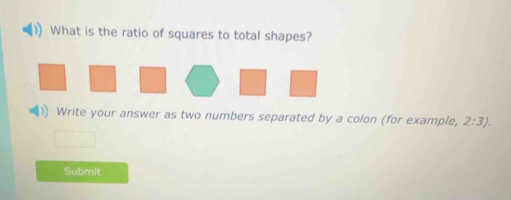 what is the ratio of squares to total shapes? five orange squares and o…
