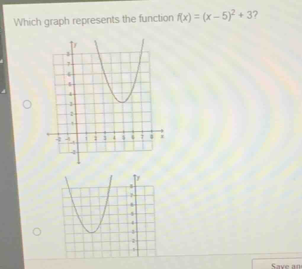 which graph represents the function $f(x) = (x - 5)^2 + 3$? there are t…