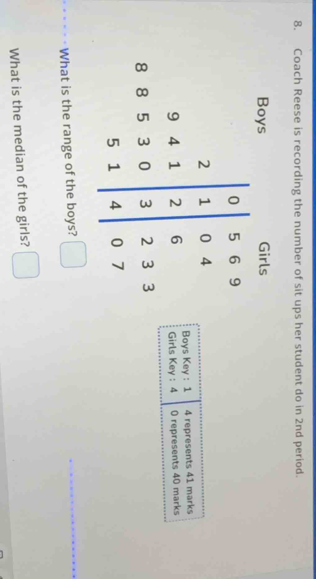 8. coach reese is recording the number of sit ups her student do in 2nd…