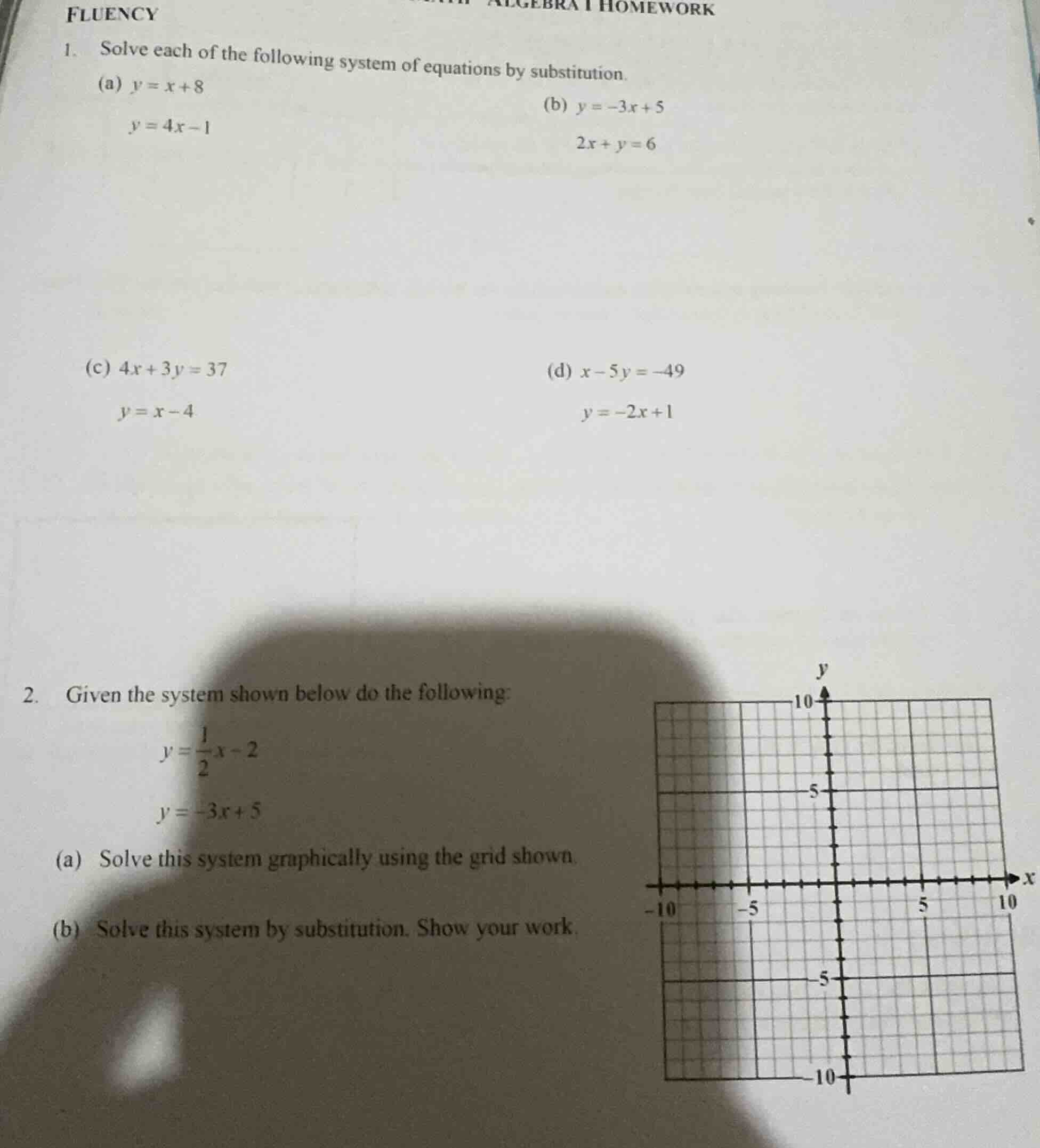 algebra i homework fluency 1. solve each of the following system of equ…