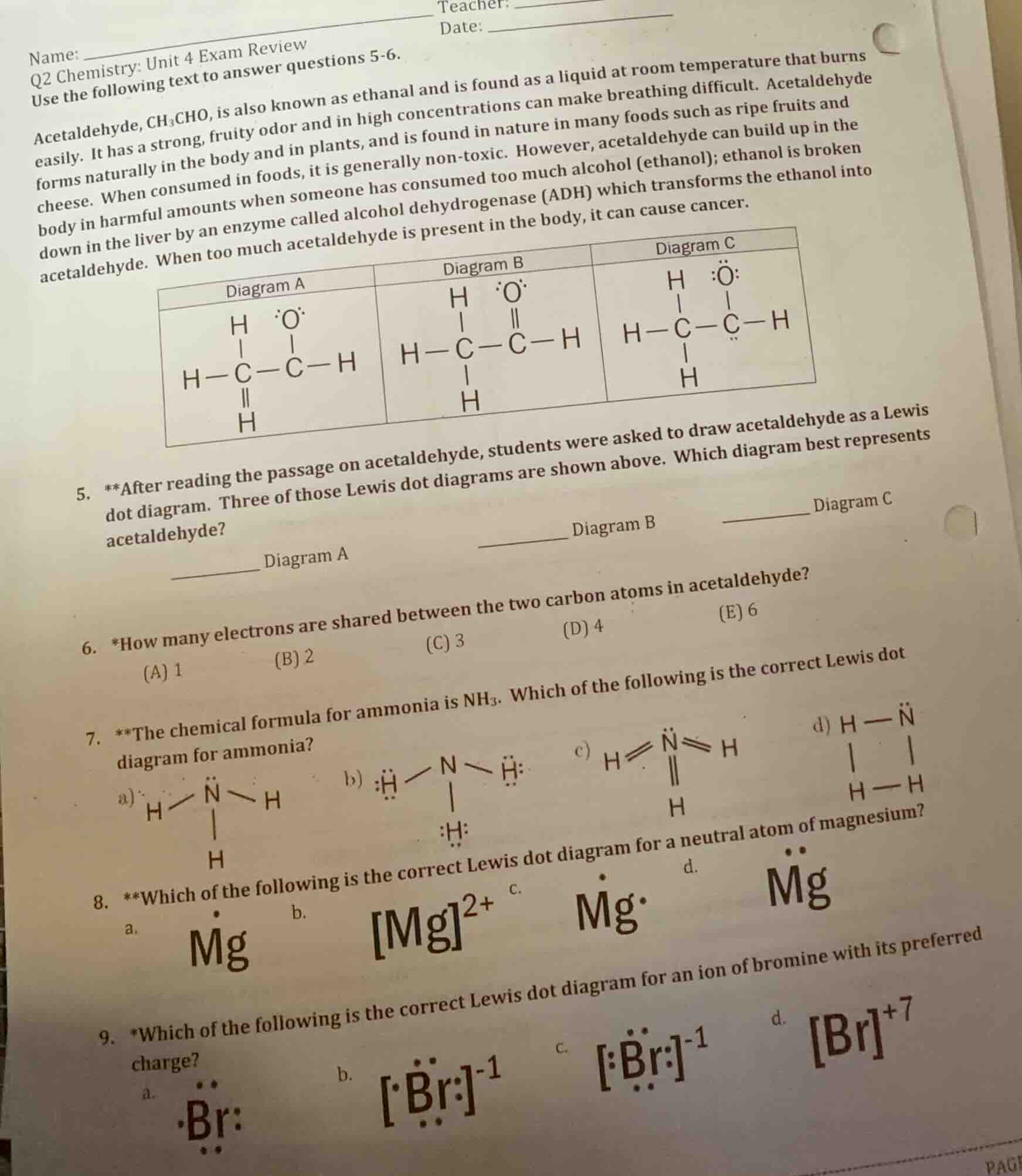 name: teacher: date: q2 chemistry: unit 4 exam review use the following…