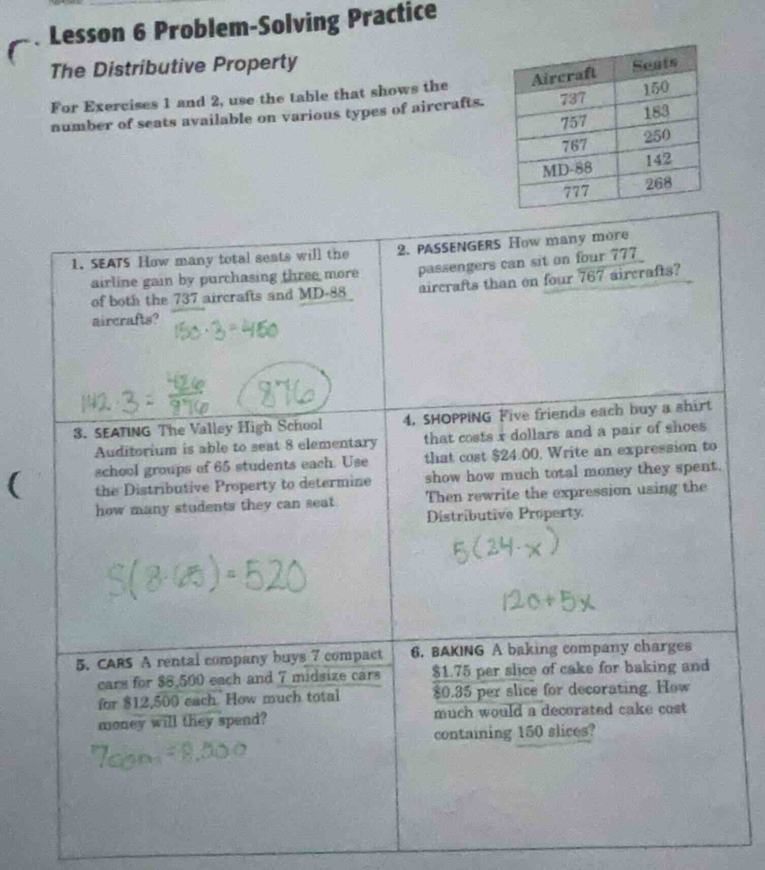 lesson 6 problem - solving practice the distributive property for exerc…