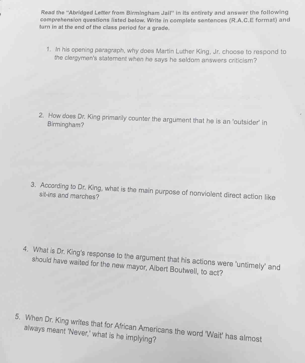 read the \abridged letter from birmingham jail\ in its entirety and ans…