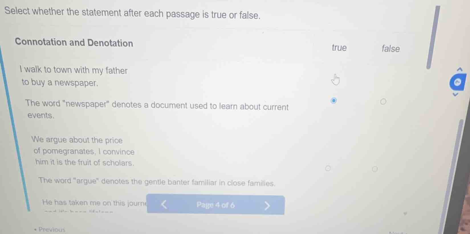 select whether the statement after each passage is true or false. conno…