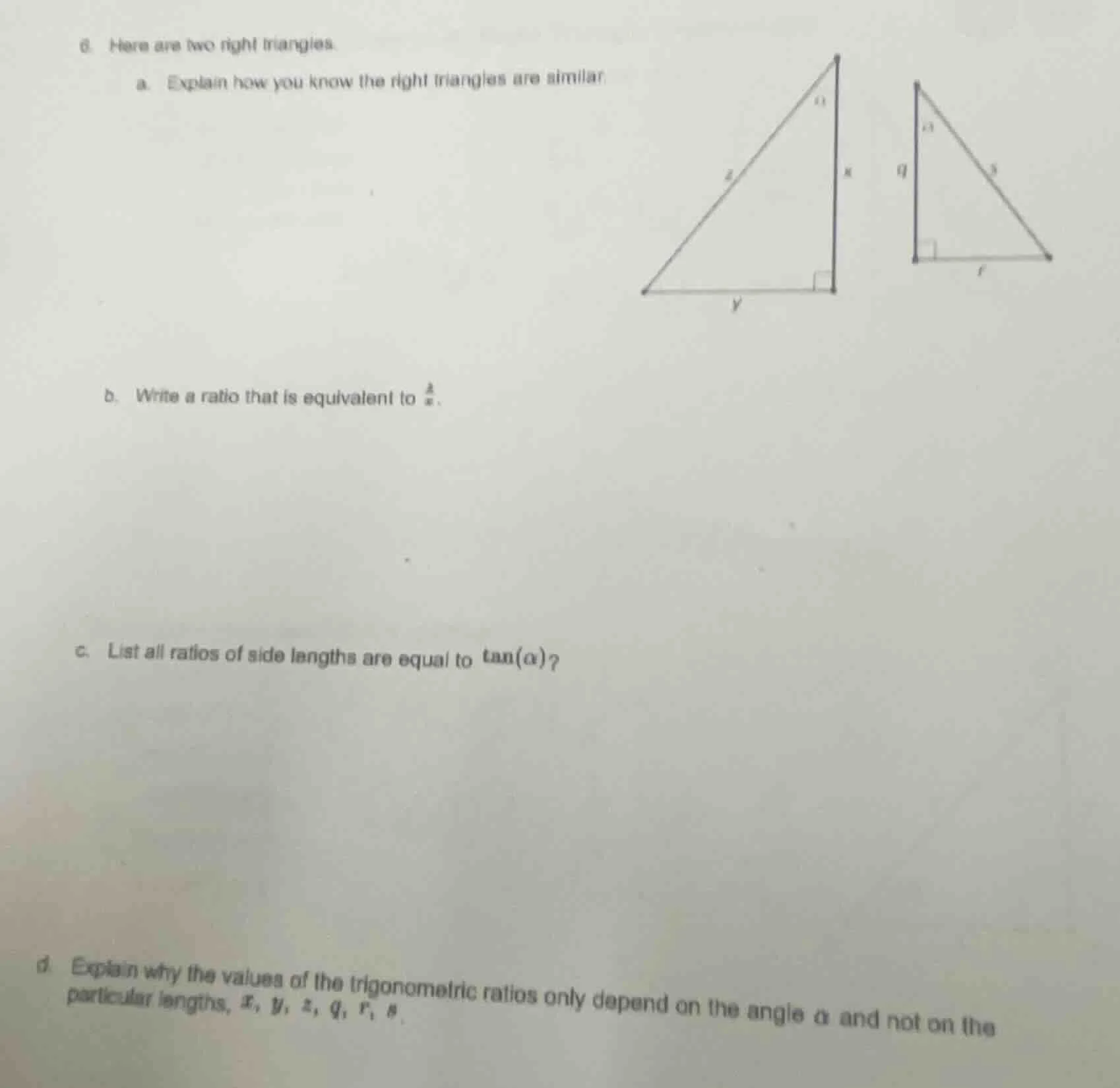 6. here are two right triangles. a. explain how you know the right tria…
