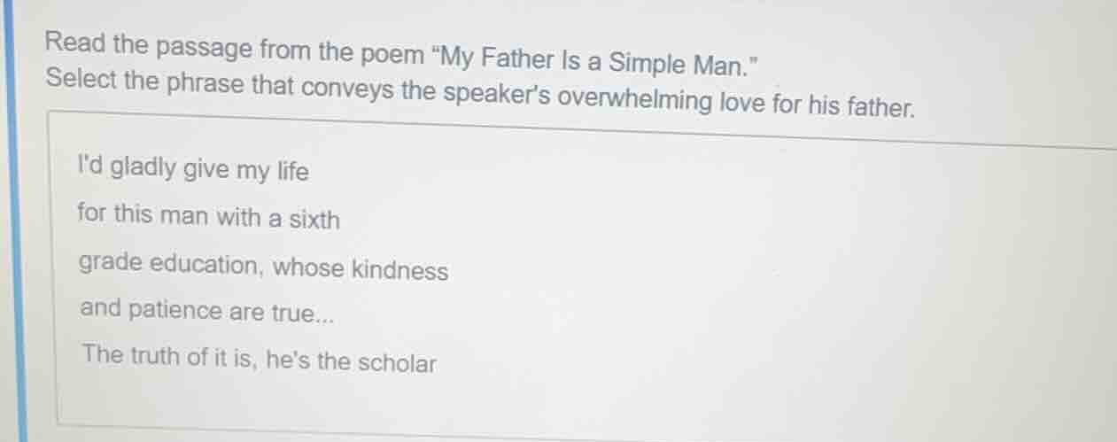 read the passage from the poem \my father is a simple man.\ select the …