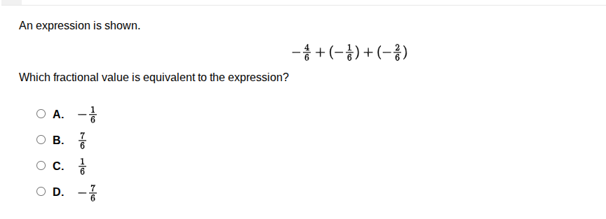 an expression is shown. \\(-\\frac{4}{6} + \\left(-\\frac{1}{6}\ ight) …