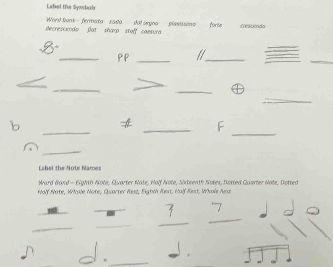 label the symbols word bank - fermata coda dal segno pianissimo forte c…