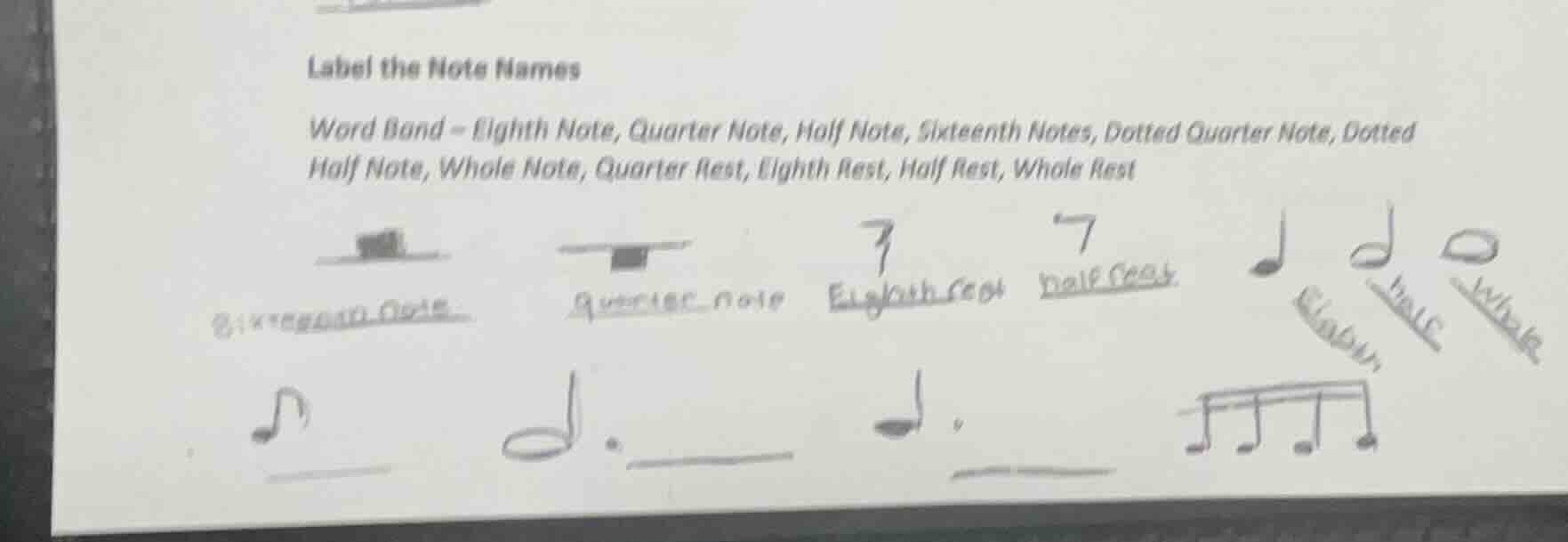 label the note names word band - eighth note, quarter note, half note, …