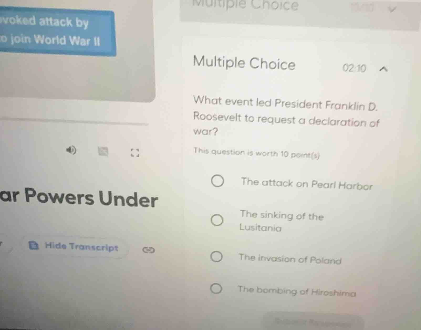 multiple choice what event led president franklin d. roosevelt to reque…