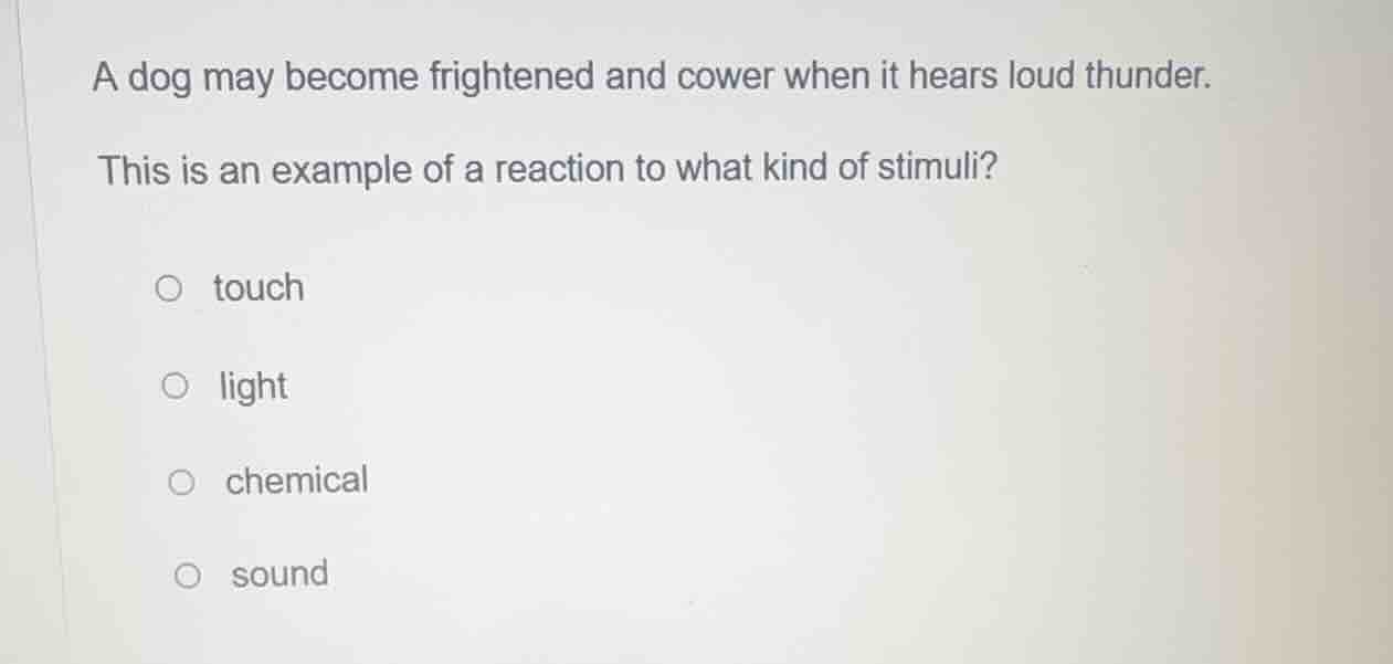 a dog may become frightened and cower when it hears loud thunder. this …