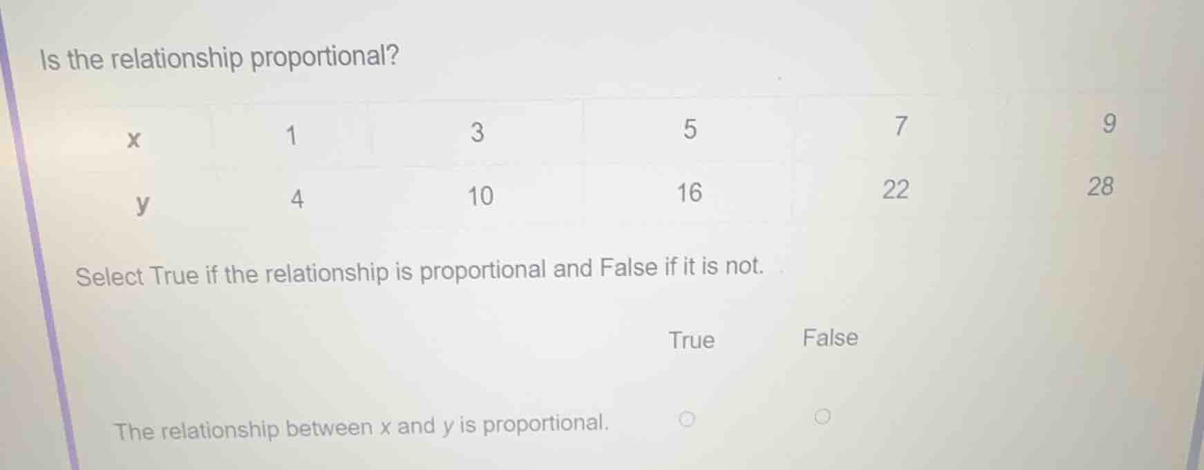 is the relationship proportional? x: 1, 3, 5, 7, 9 y: 4, 10, 16, 22, 28…