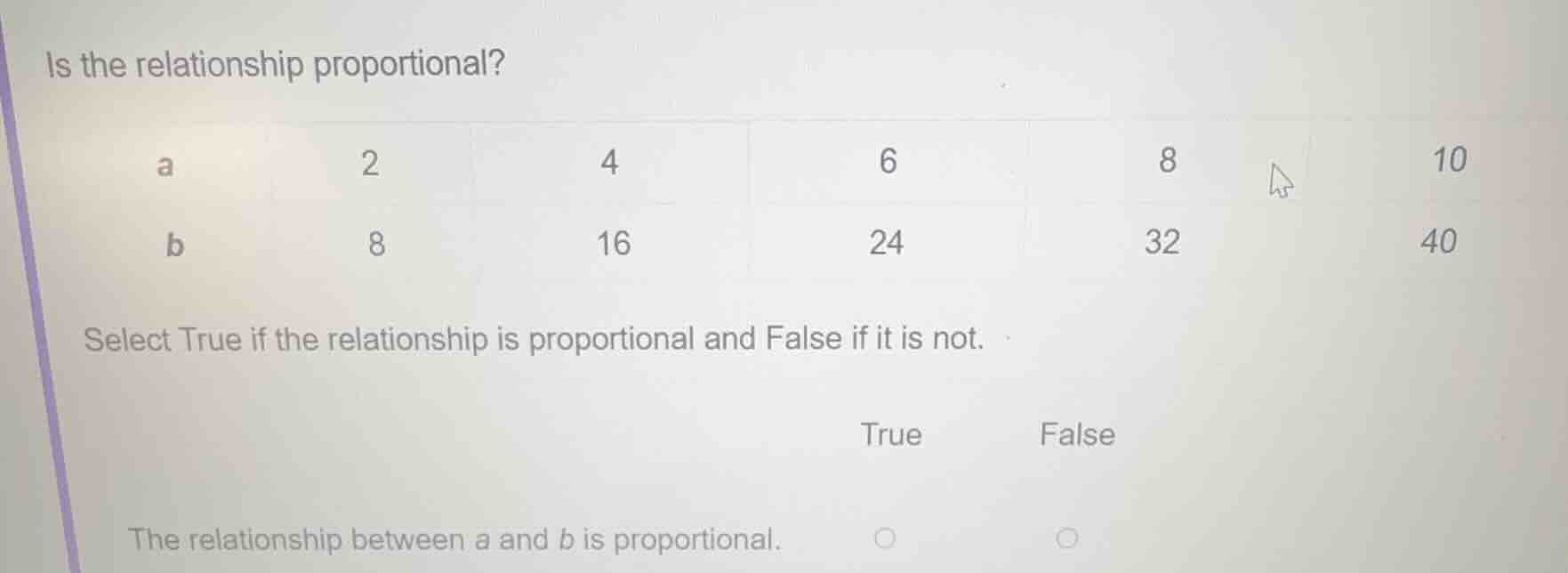 is the relationship proportional? a 2 4 6 8 10 b 8 16 24 32 40 select t…
