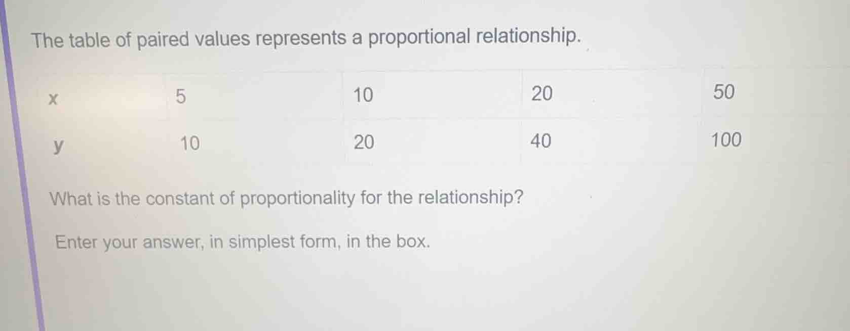 the table of paired values represents a proportional relationship. | x …