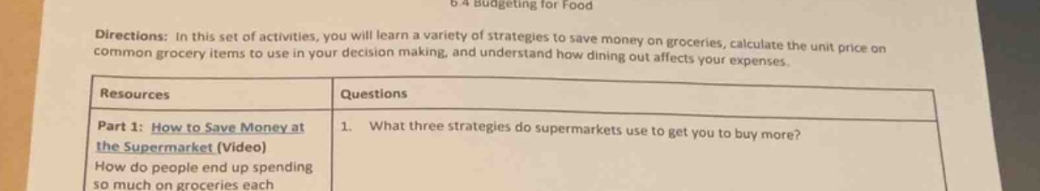 6.4 budgeting for food directions: in this set of activities, you will …