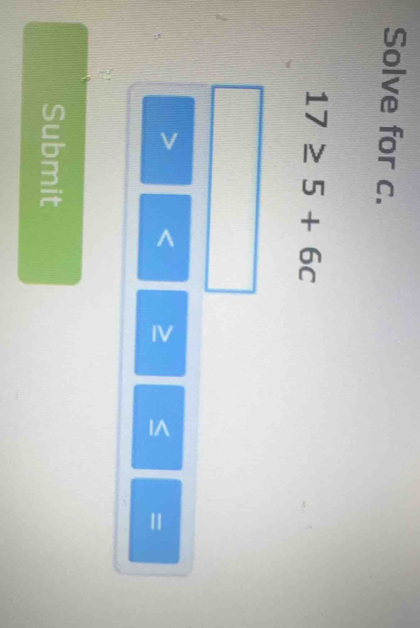 solve for c. 17 > 5 + 6c