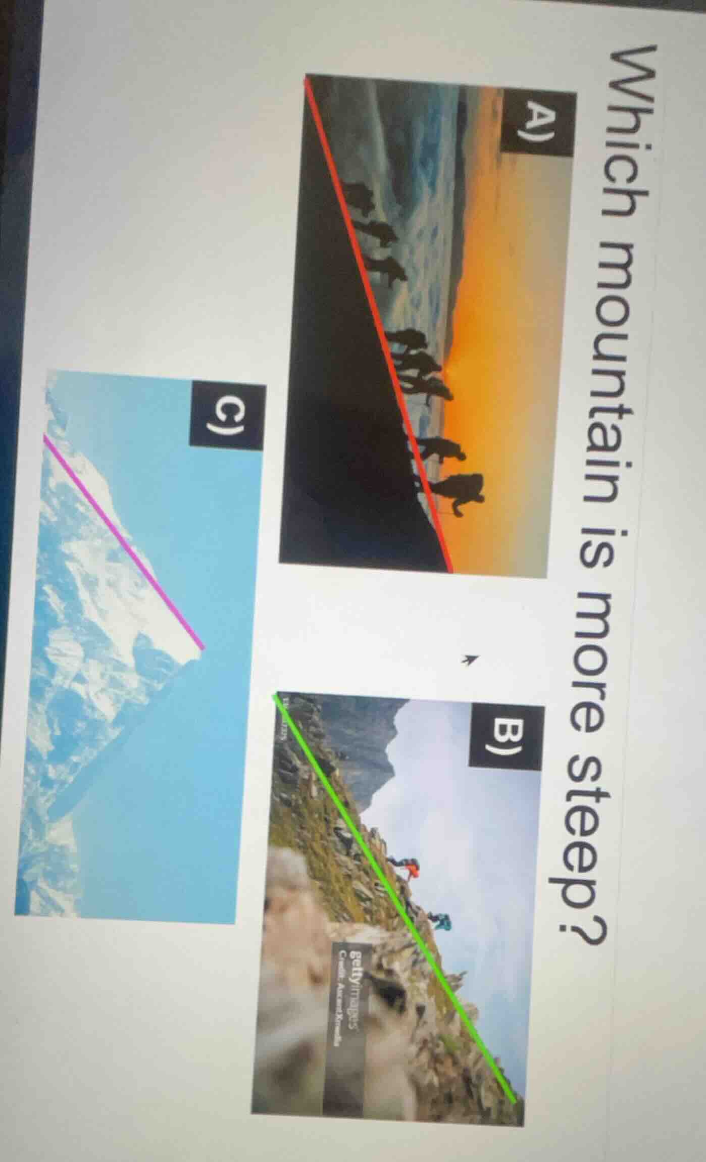 which mountain is more steep? a) image of people with red line b) image…