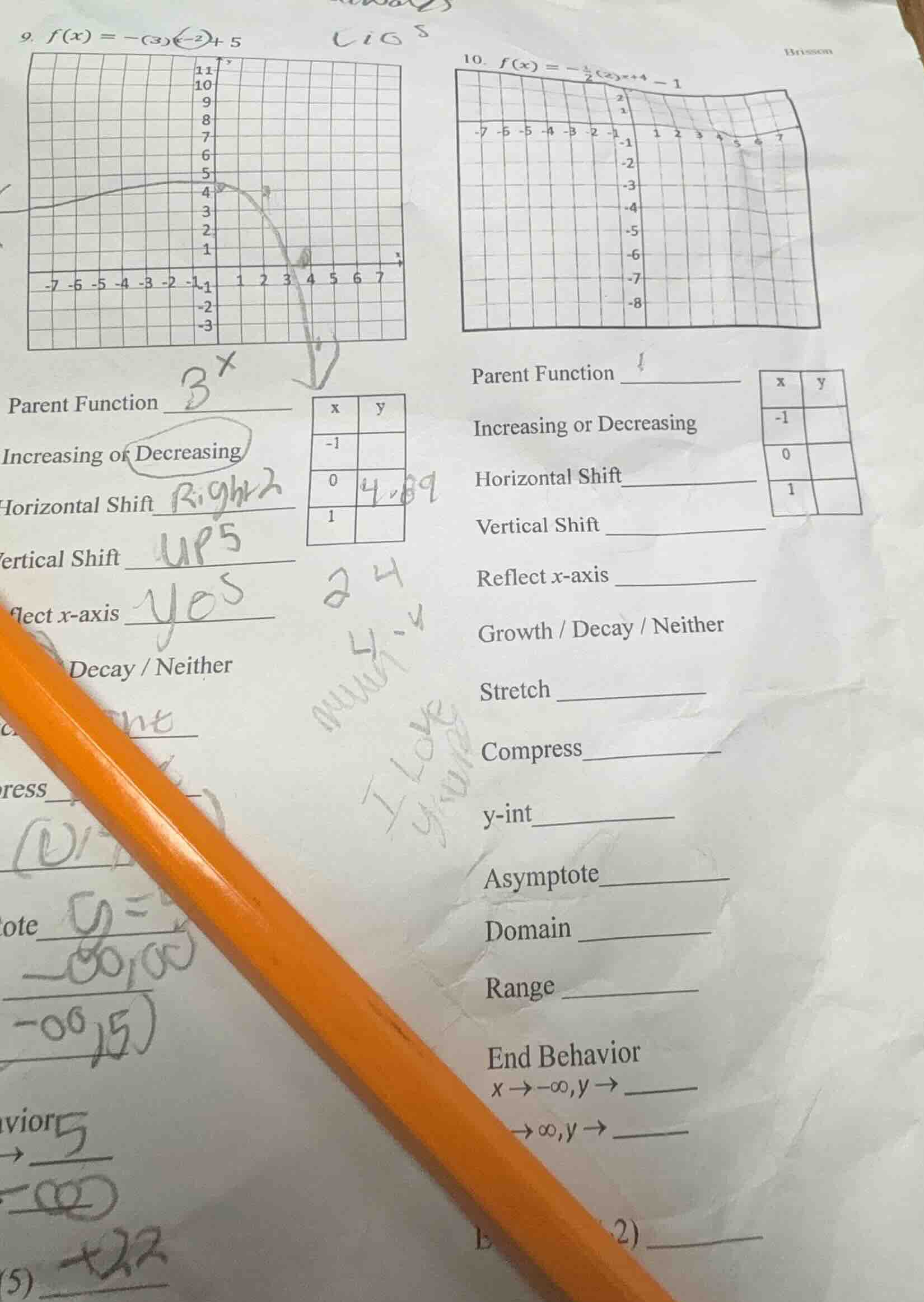 9. $f(x) = -(3)^{x - 2} + 5$ parent function increasing or decreasing h…