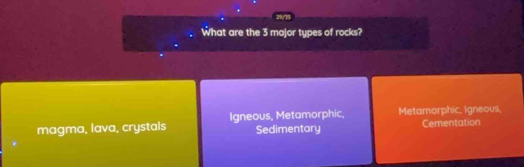 what are the 3 major types of rocks? magma, lava, crystals igneous, met…