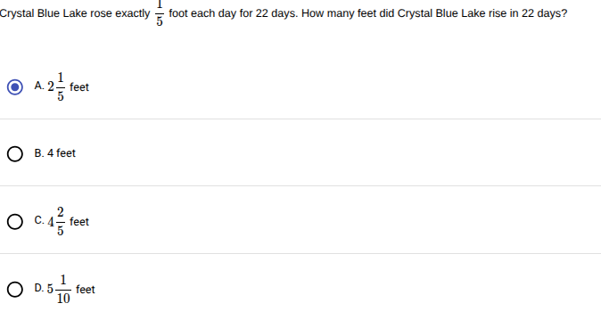 crystal blue lake rose exactly $\frac{1}{5}$ foot each day for 22 days.…