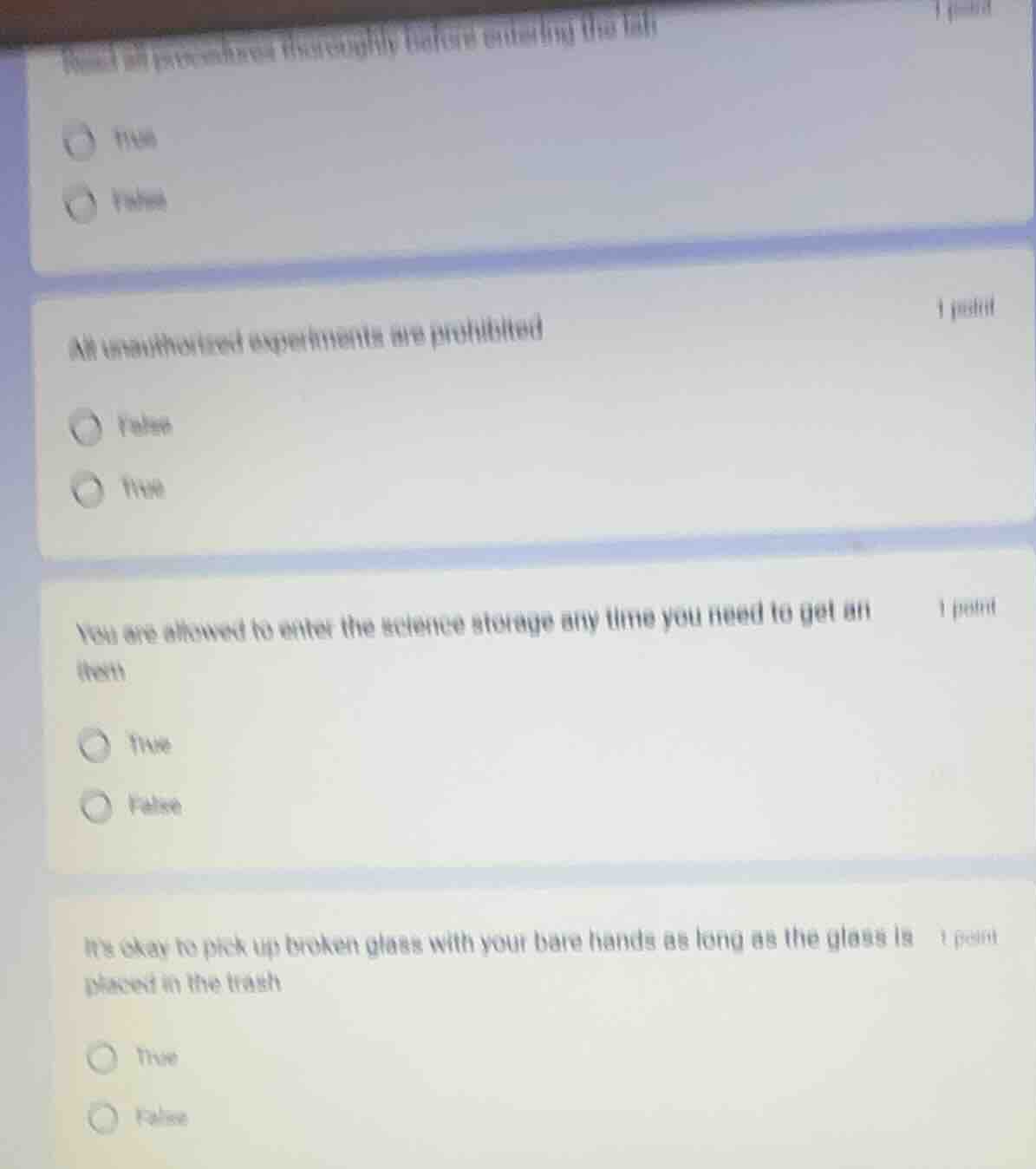 (partially visible text at top) 1 point ○ true ○ false 1 point all unau…