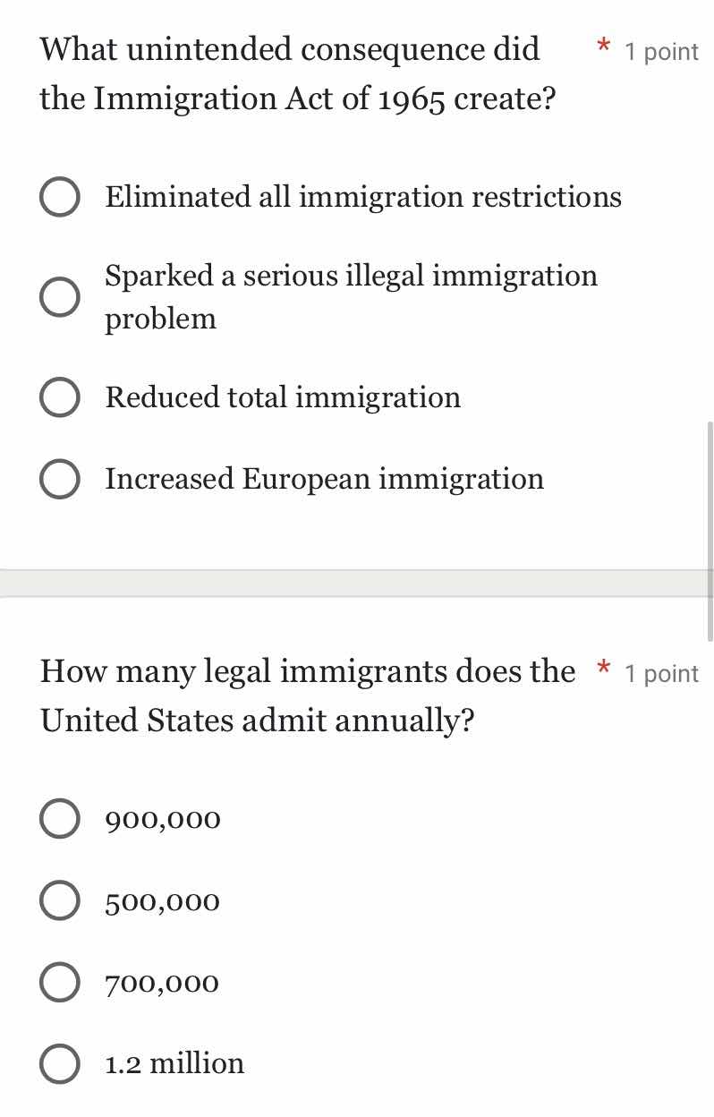 what unintended consequence did the immigration act of 1965 create? eli…