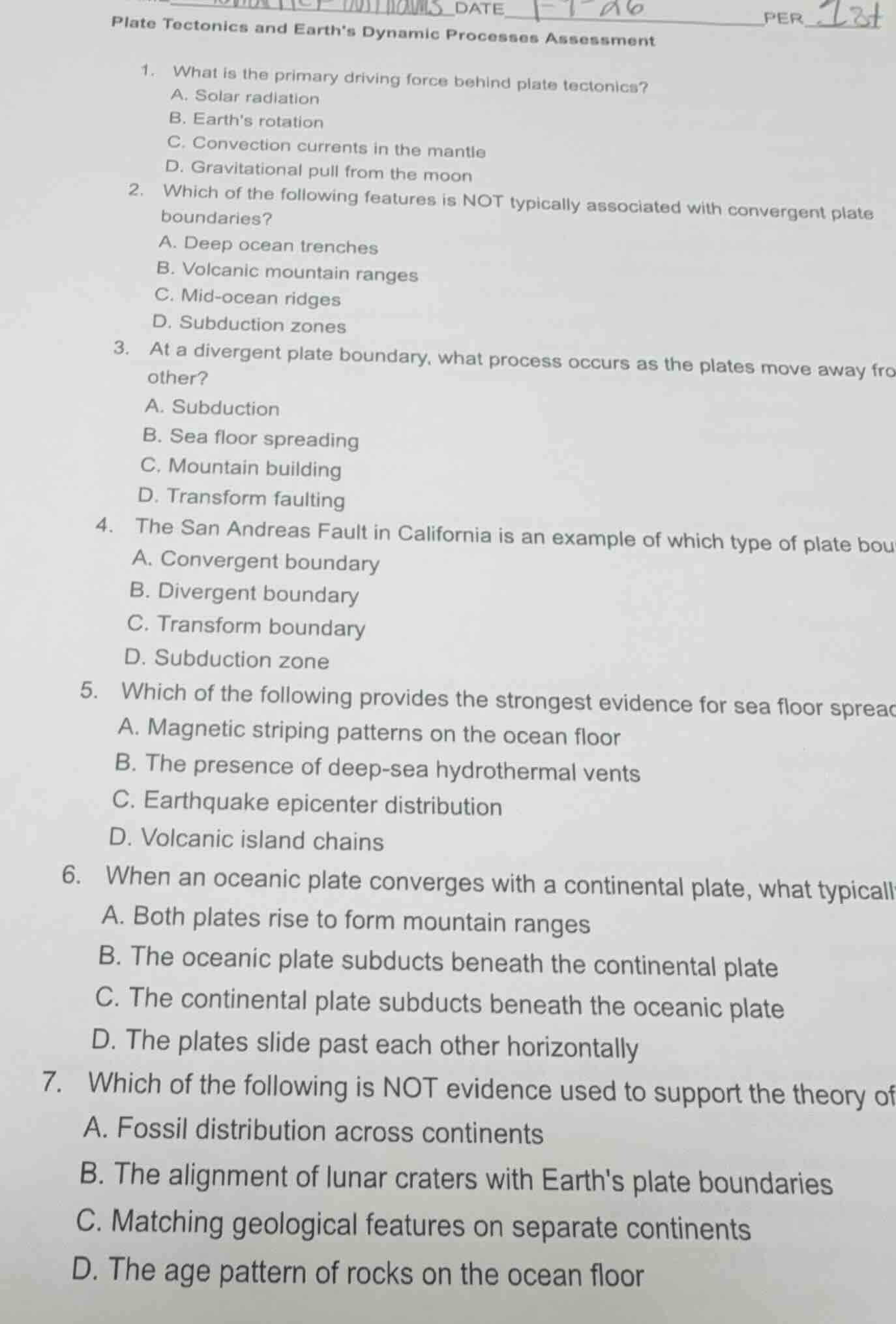 date ______ per __ plate tectonics and earths dynamic processes assessm…