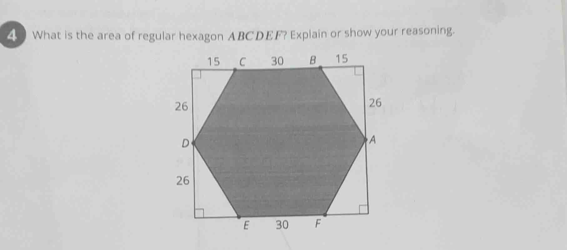 4 what is the area of regular hexagon abcdef? explain or show your reas…