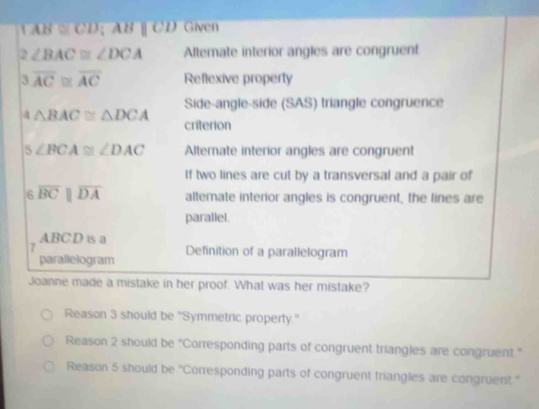 1 ( ab cong cd ); ( ab parallel cd ) given 2 ( angle bac cong angle dca…