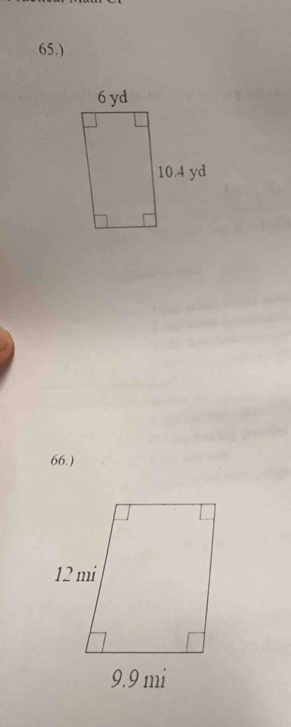 65.) rectangle with length 10.4 yd and width 6 yd 66.) rectangle with l…