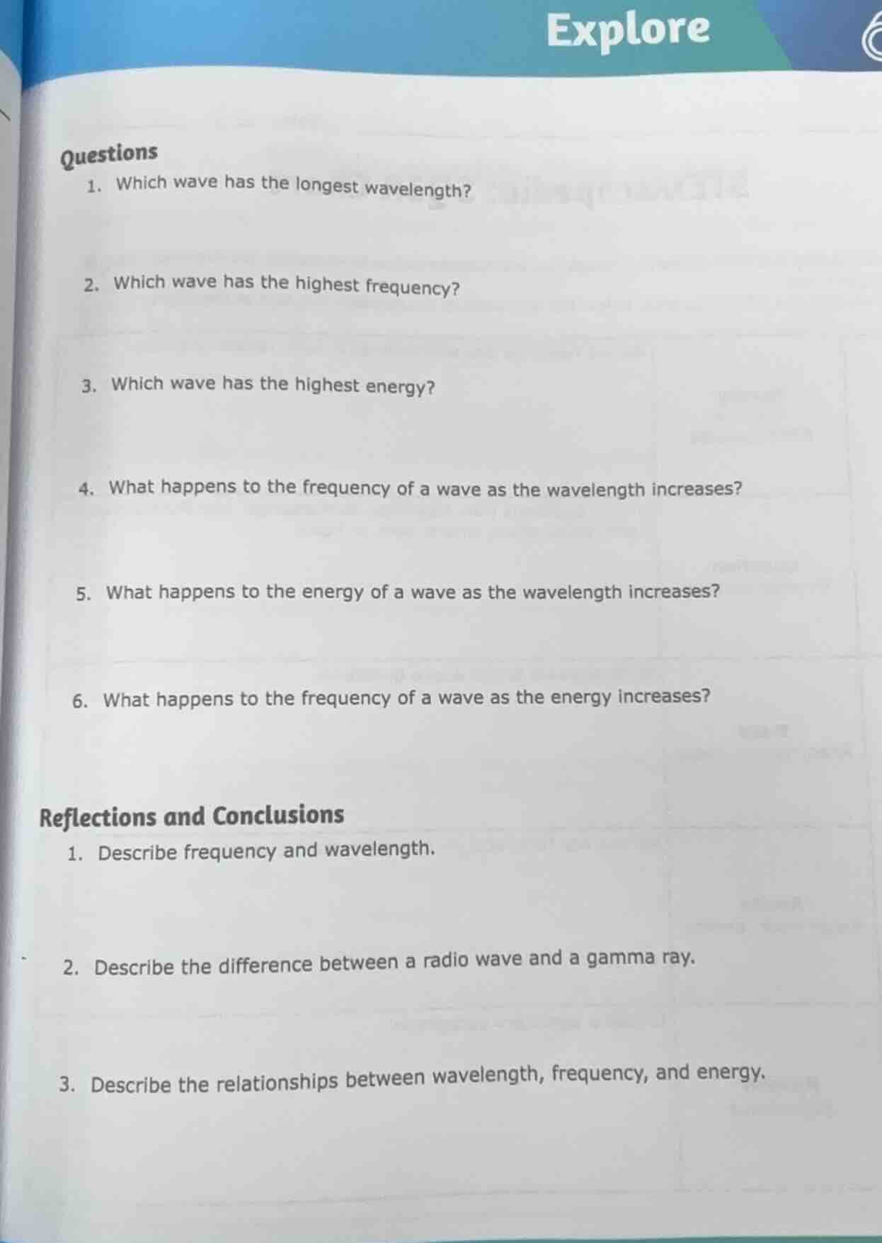 explore questions 1. which wave has the longest wavelength? 2. which wa…