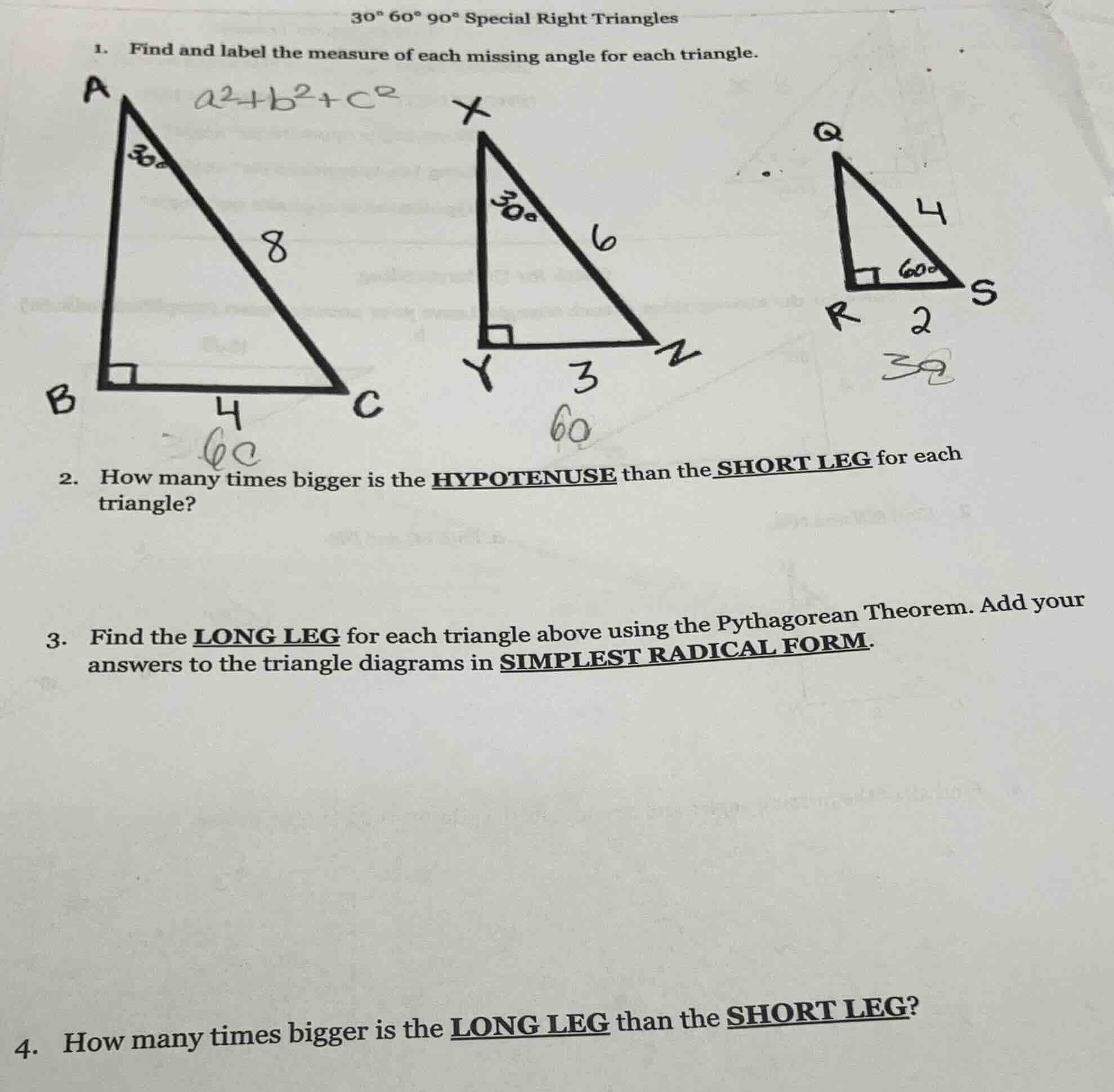 30° 60° 90° special right triangles 1. find and label the measure of ea…