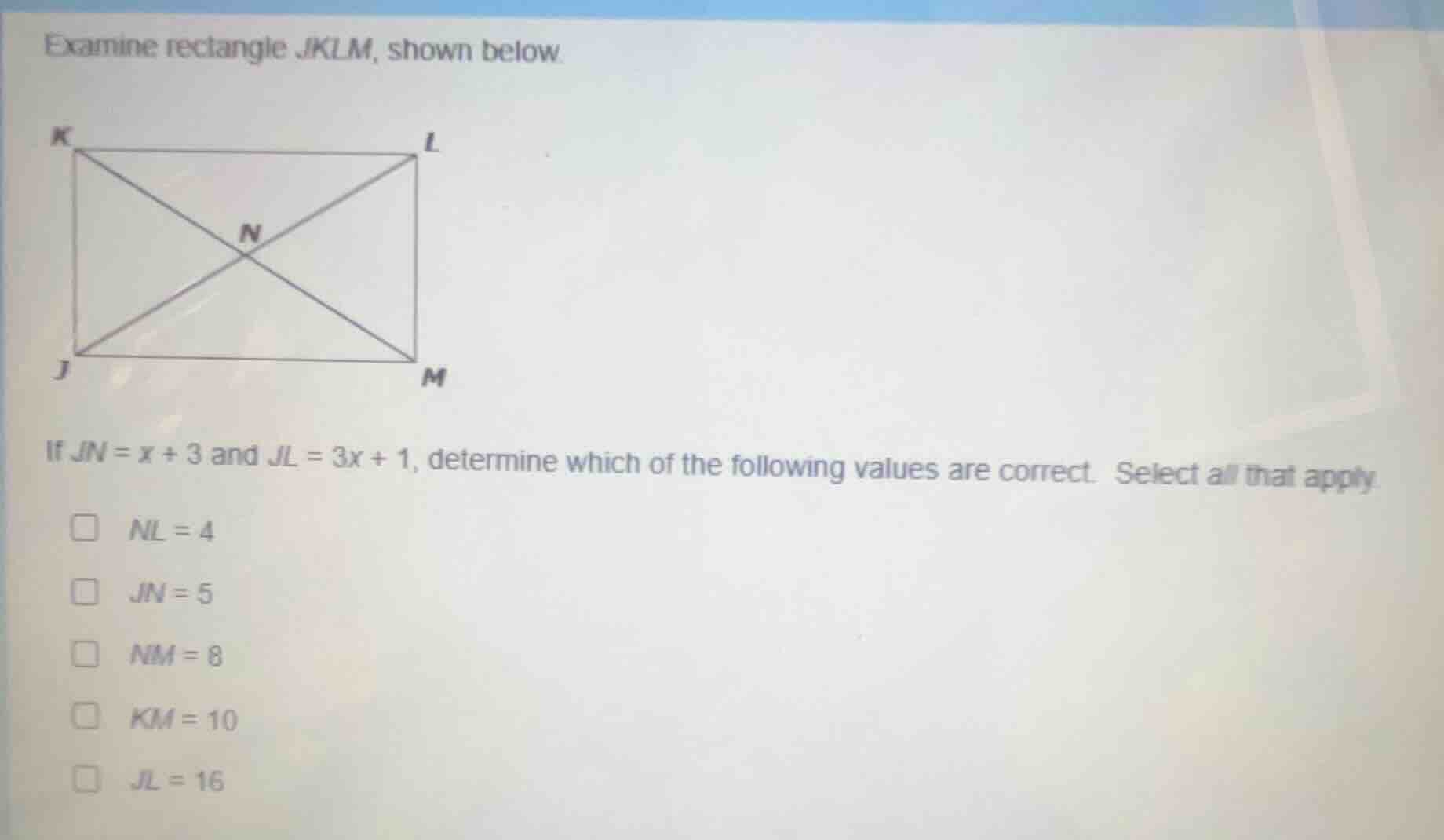 examine rectangle jklm, shown below image of rectangle jklm with diagon…