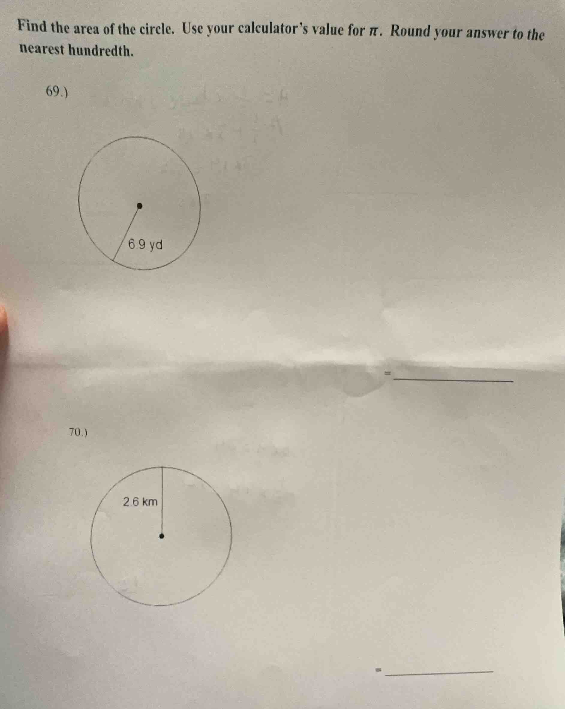 find the area of the circle. use your calculator’s value for $\\pi$. ro…