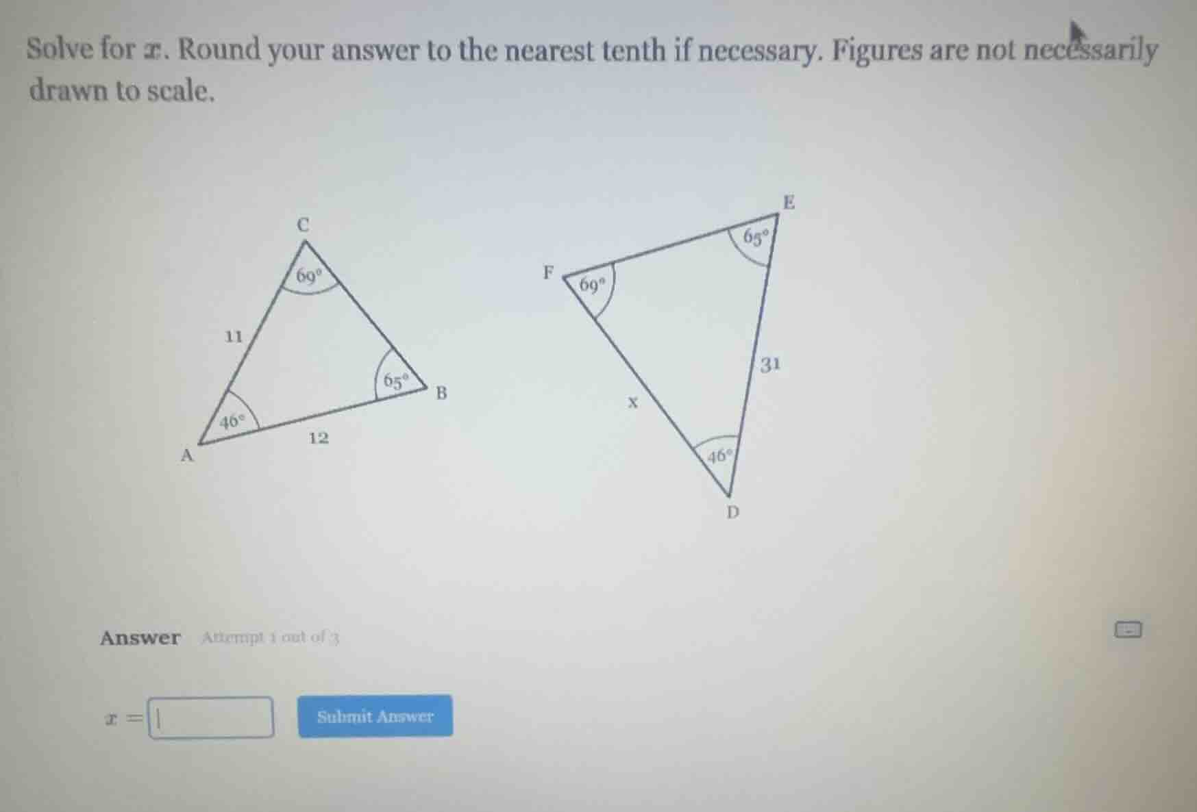 solve for ( x ). round your answer to the nearest tenth if necessary. f…