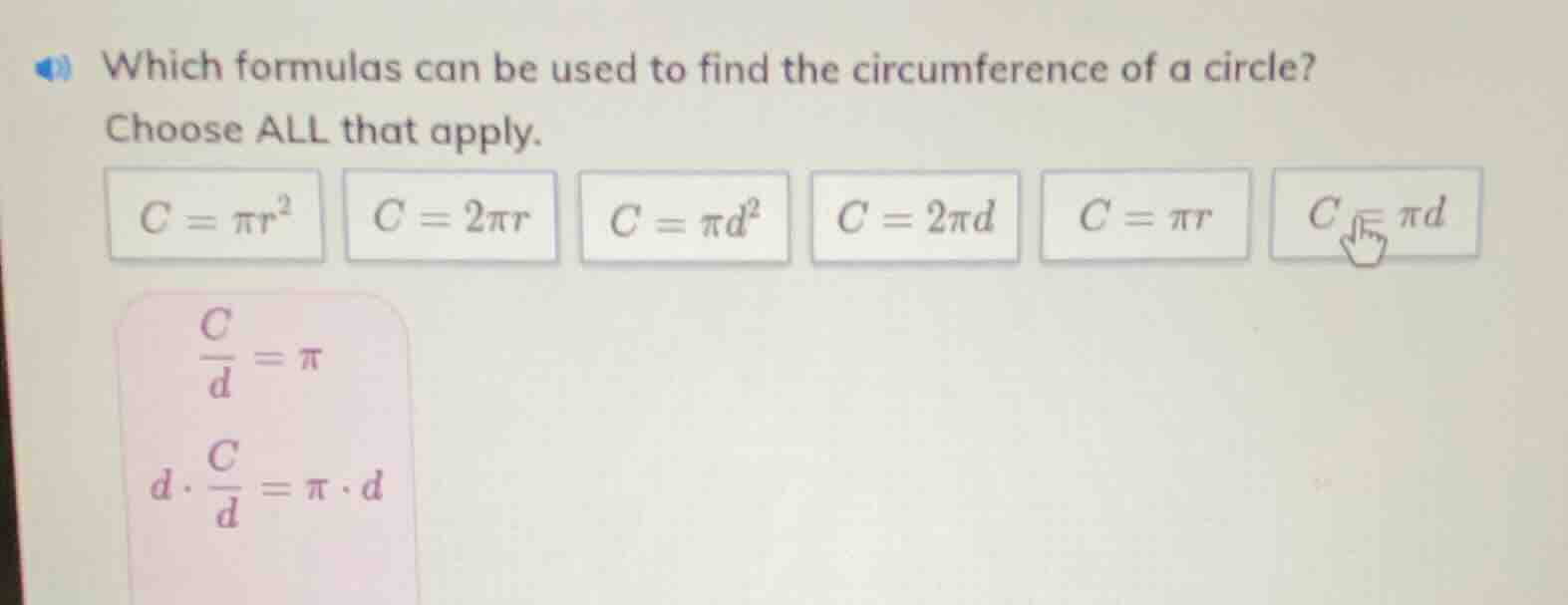 which formulas can be used to find the circumference of a circle? choos…