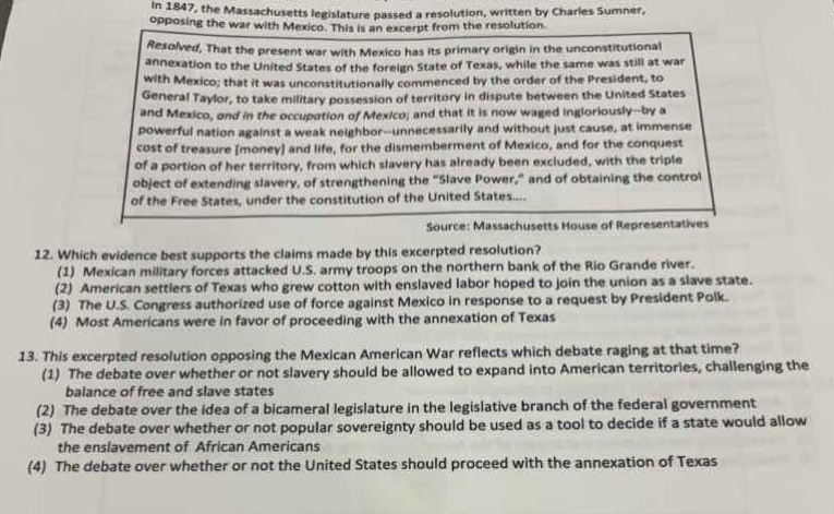 in 1847, the massachusetts legislature passed a resolution, written by …