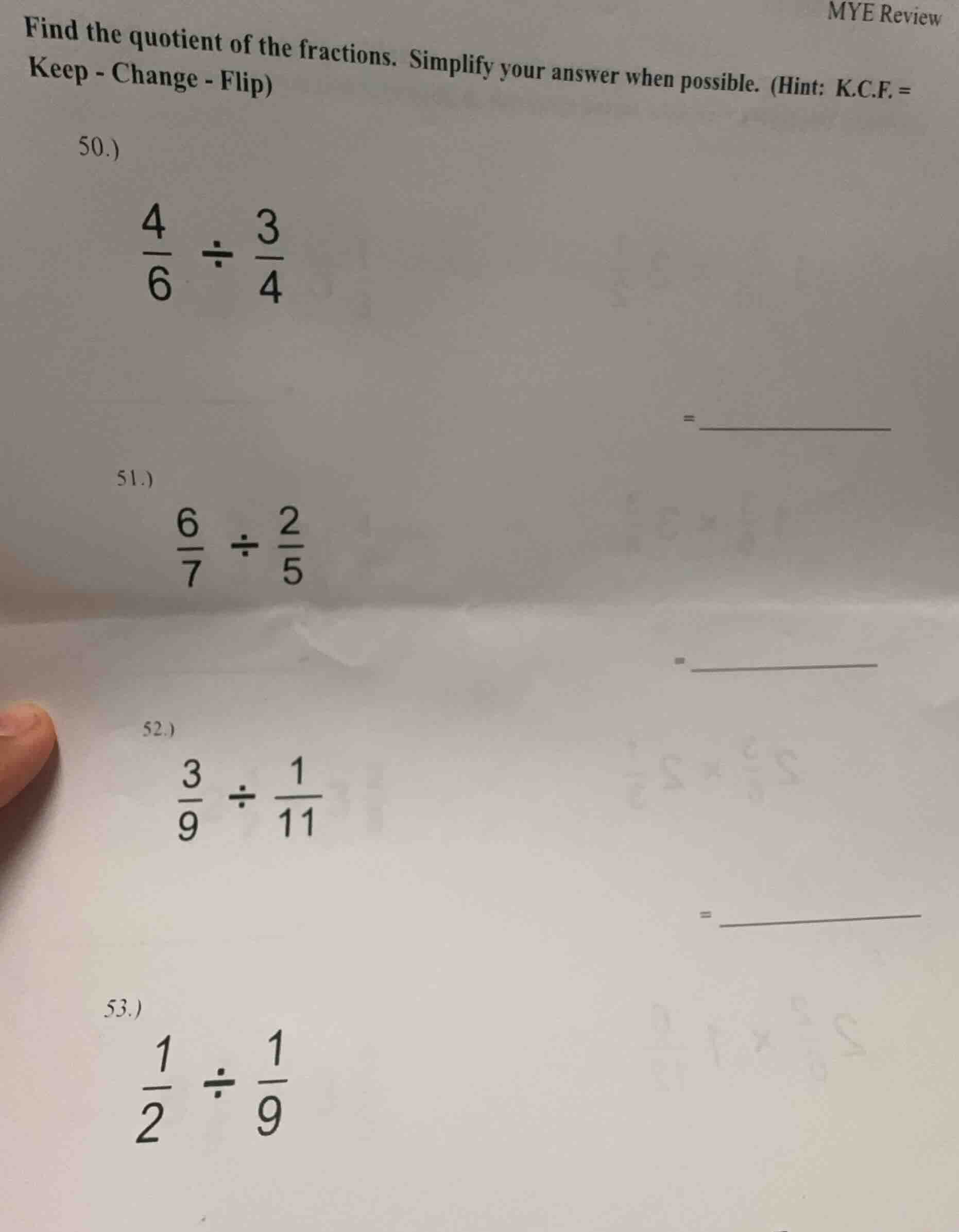 mye review find the quotient of the fractions. simplify your answer whe…