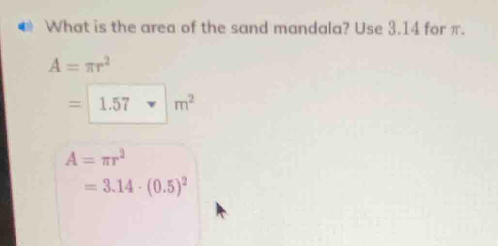what is the area of the sand mandala? use 3.14 for \\(\\pi\\).\\(a = \\…