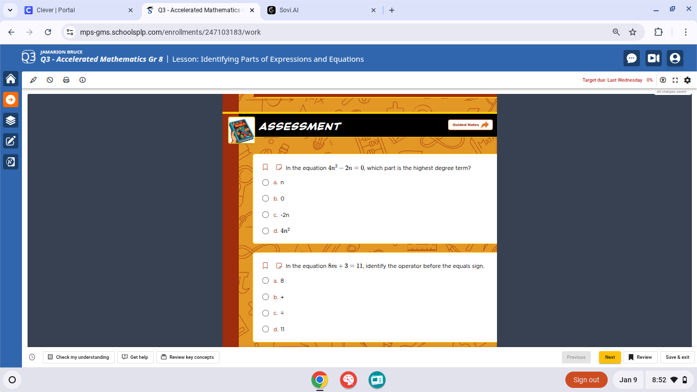 in the equation $4n^2 - 2n = 0$, which part is the highest degree term?…
