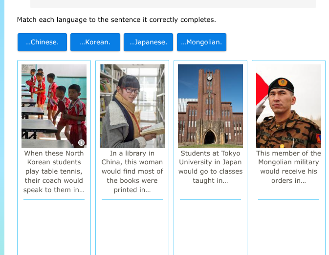 match each language to the sentence it correctly completes. ...chinese.…