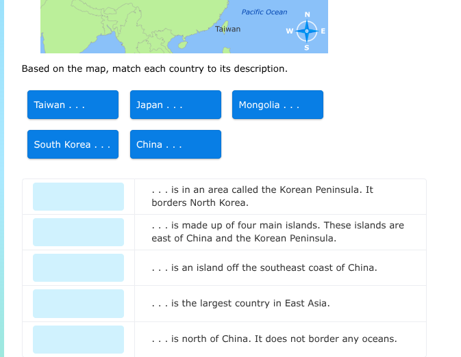 based on the map, match each country to its description. taiwan . . . j…