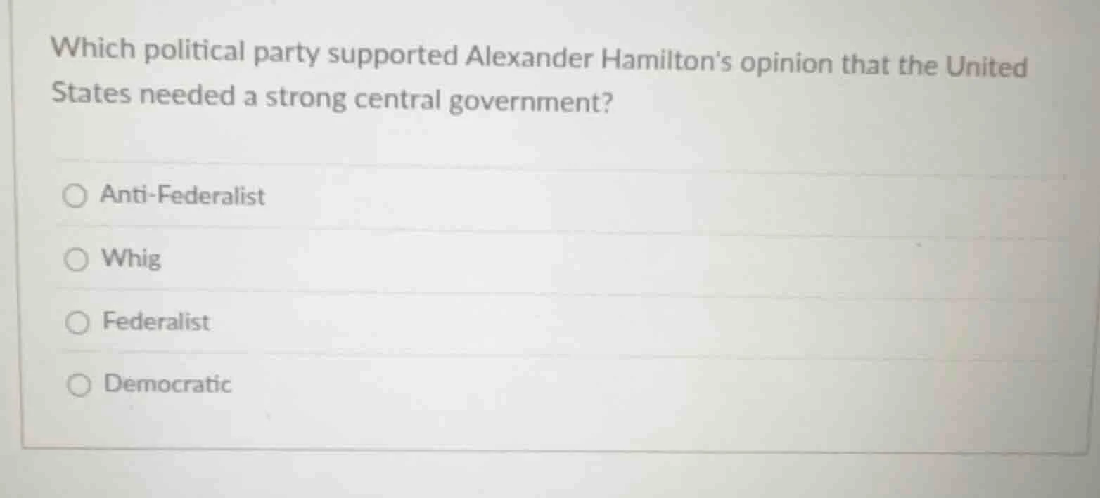 which political party supported alexander hamiltons opinion that the un…