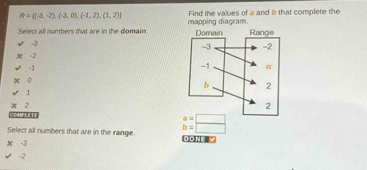 r = {(-3, -2), (-3, 0), (-1, 2), (1, 2)} select all numbers that are in…